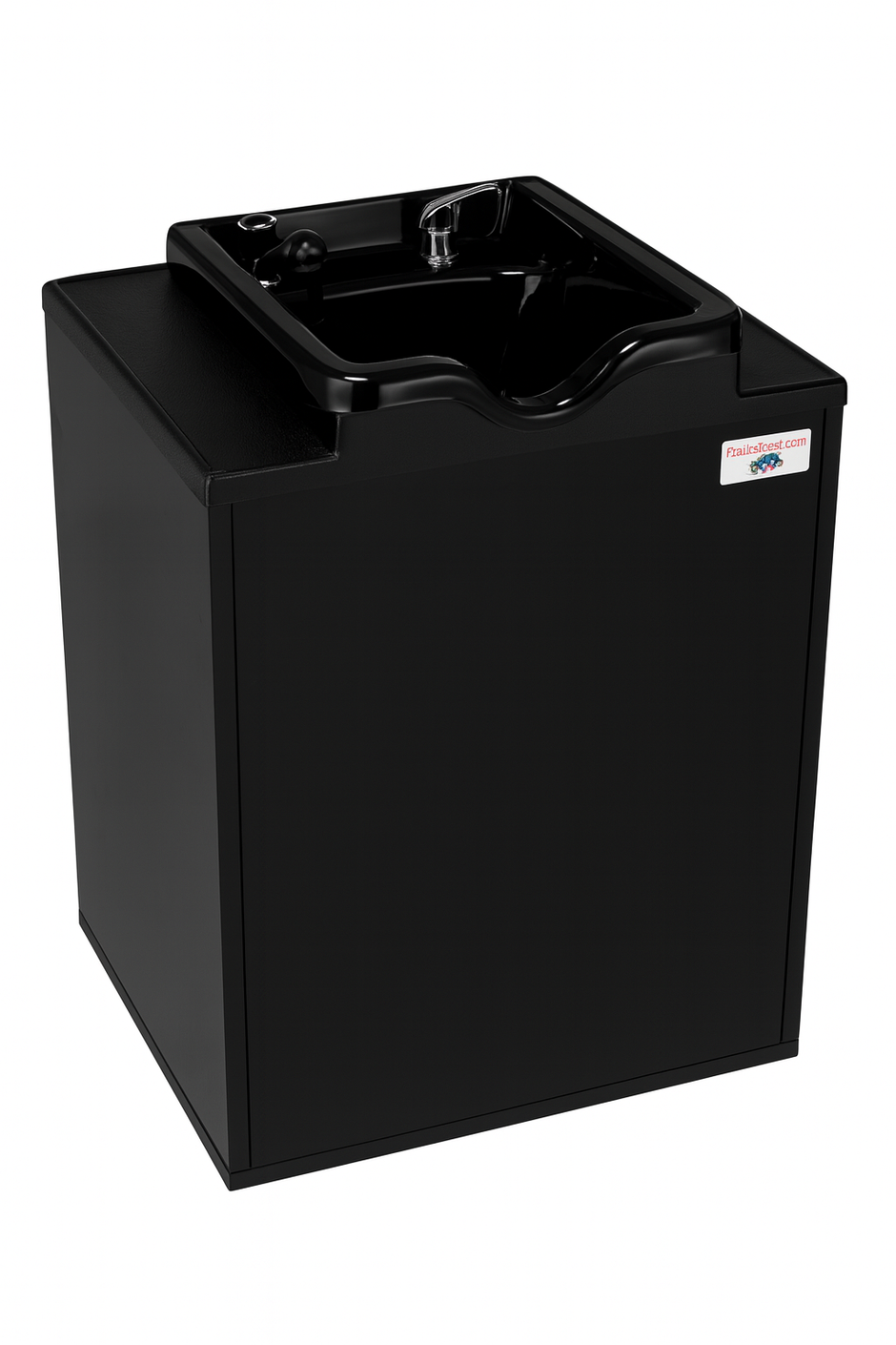 All-in-one mobile shampoo sink with pump, heater, and water jugs – Pratt’s Direct Luxe Lather.Front view of Luxe Lather portable shampoo sink with water tank for home salon and suite salon use.Black portable shampoo bowl with built-in hot water heater and pump – Pratt’s Direct Luxe Lather sink